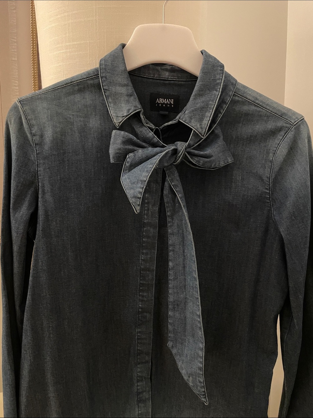 Armani Jeans Washed Black-Gray Denim Tie-Neck Blouse